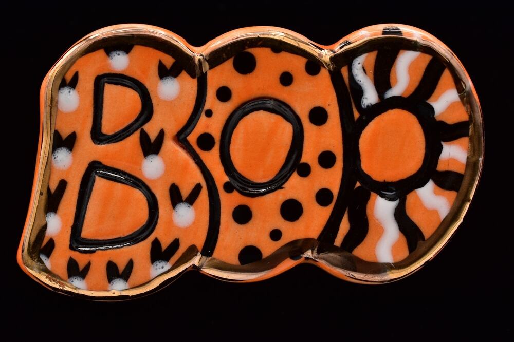 Vintage Porcelain Halloween Pin Brooch BOO Orange Handcrafted Painted 1997 BinBP